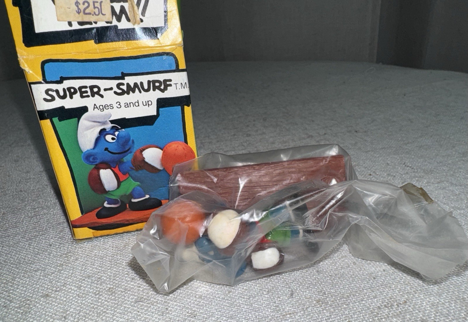 Vintage Super Smurfs LOT PVC Figure SET of 3 in Box Weightlifter Cyclist Boxer