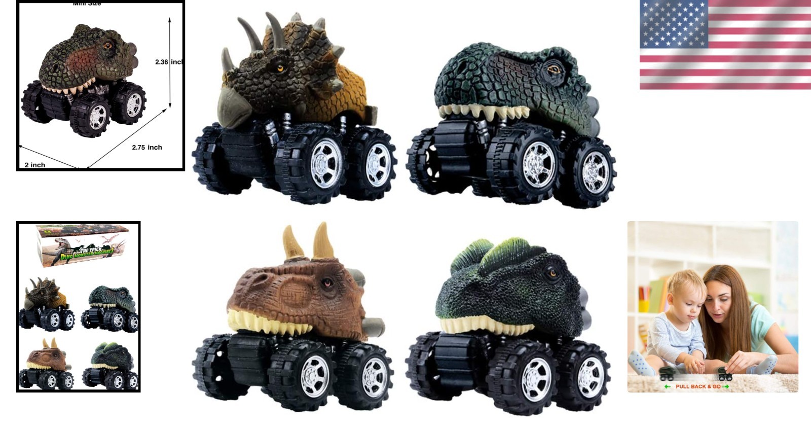 Fun & Educational 4 Pack Dino Pull Back Cars – Perfect Birthday Gifts for Boys