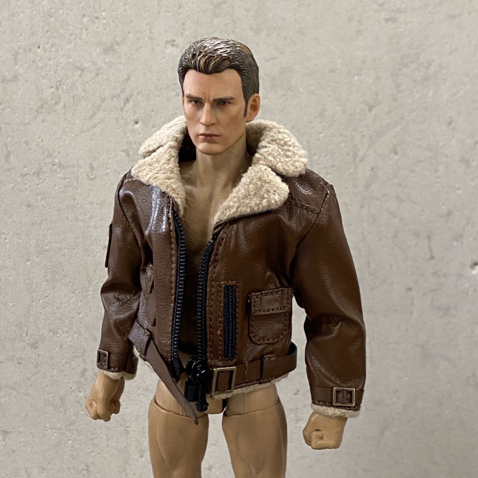 MO-FRJK-TN: 1/12 Brown Leather Zipper Jacket with Fur Collar for 6″ slim body