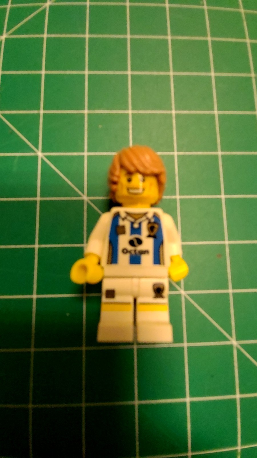 LEGO Minifigure Soccer Player Octan Sponsor Blue White Striped Jersey Sports
