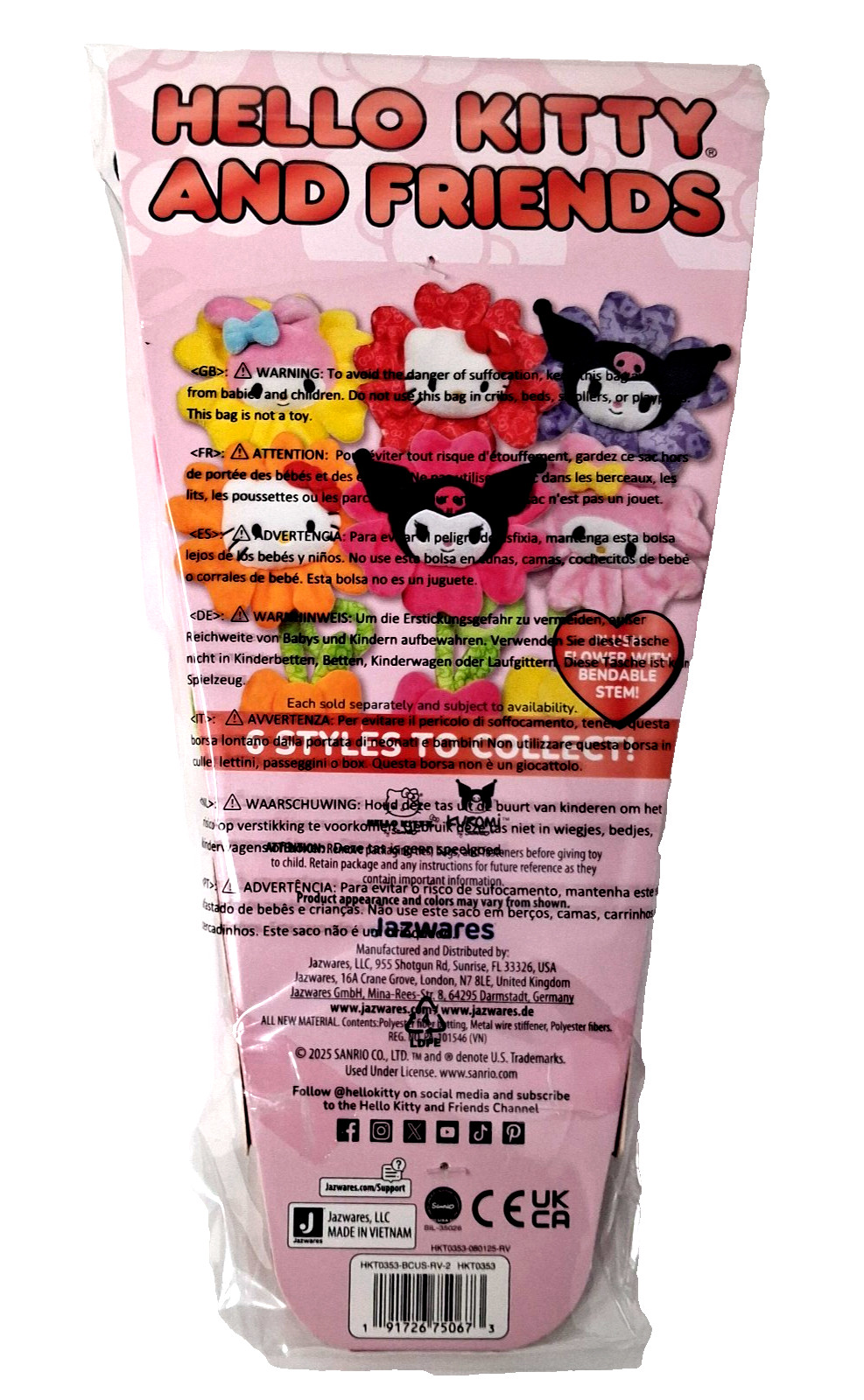 Sanrio Kuromi Plush Valentine’s Day 10″ Flower Bendable Stem Jazwares New
