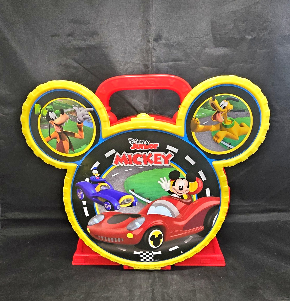 Mint EUC Disney Junior Mickey Stow ‘N Go Garage and 2 Vehicles