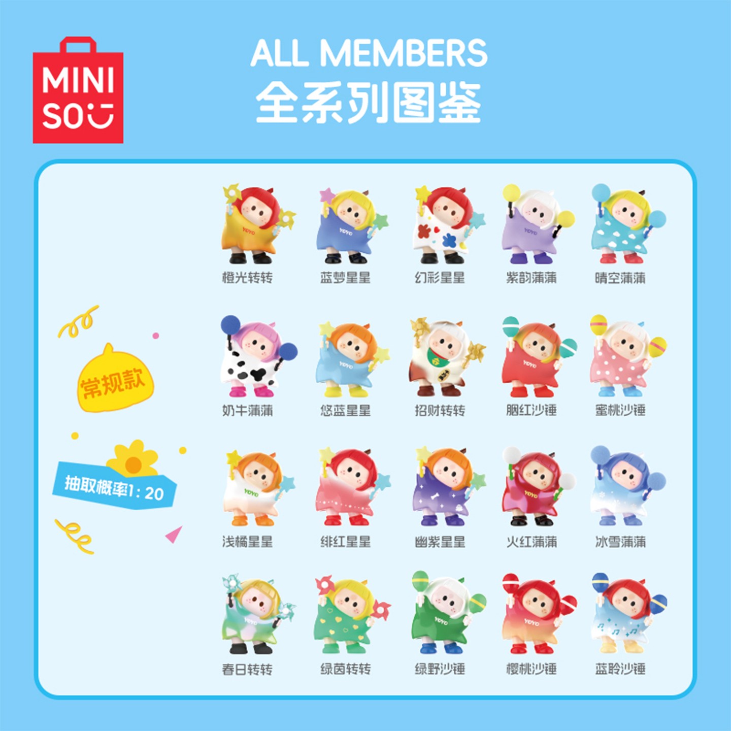 MINISO YOYO Tilted Head Series Blind Box Mini Figure Confirmed 20pcs of Basic