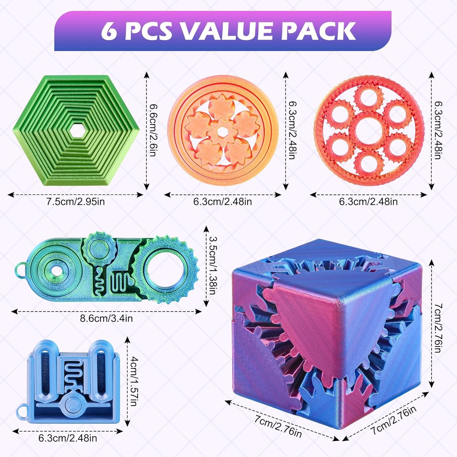 Multicolor 3D Printed Transforming Toys – 6-Piece Desktop Set for Kids & Adults