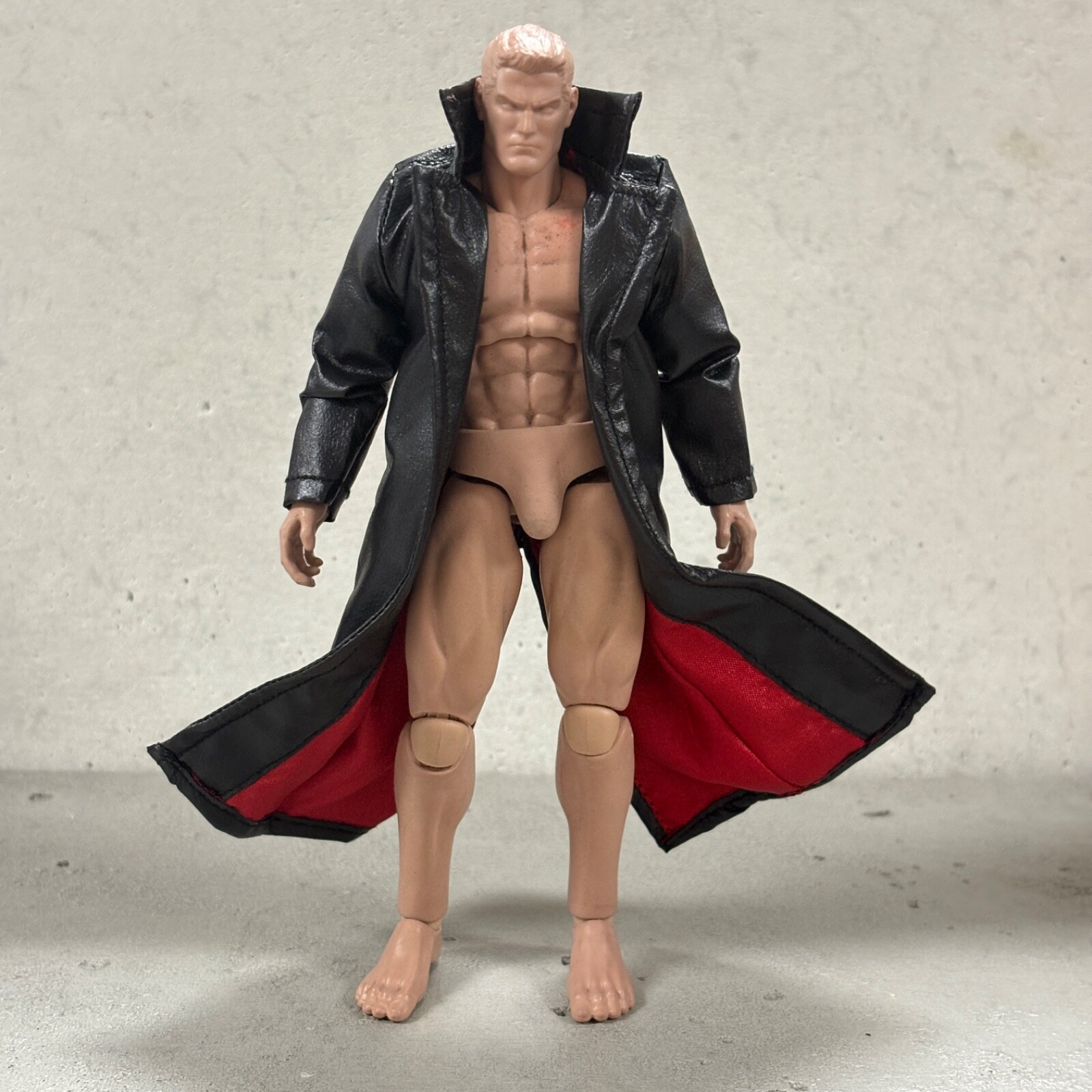 PB-LTC-BLD: 1/12 Black Red Faux Leather Coat for Mezco or Marvel Legends