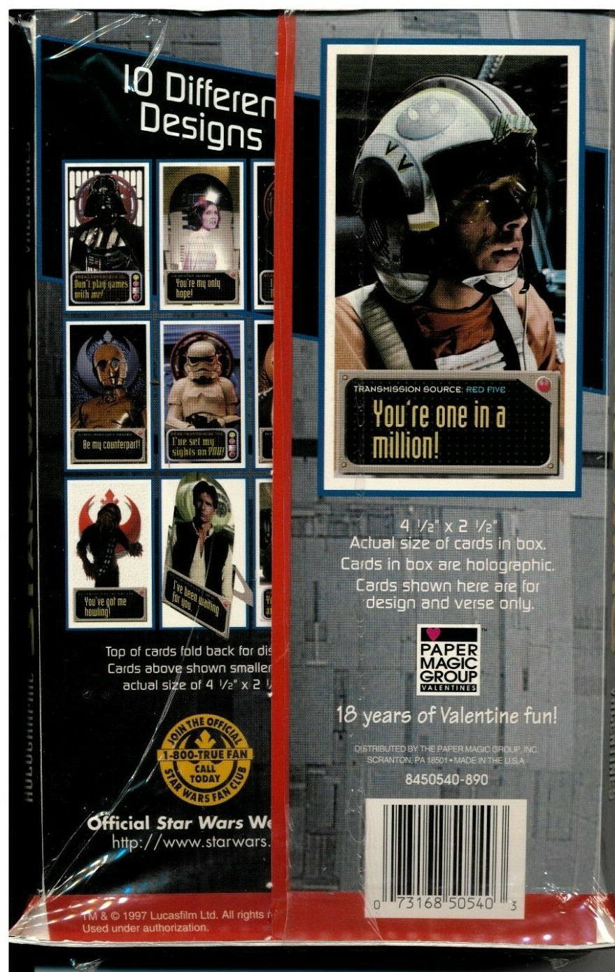 New Star Wars Holographic 30 Stand-up Valentines Day Cards Factory Sealed 1997