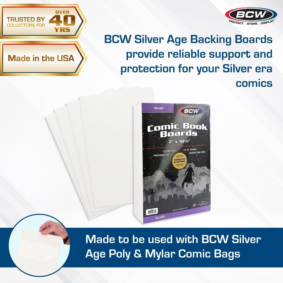 100 Pack – BCW Silver Age Comic Book Backer Boards Acid Free 24PT 7″ X 10 1/2″
