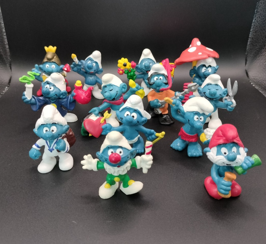 13 Smurfs Vintage Toy Figure Papa King Heart Mushroom Smurf Scheich Lot Y 82