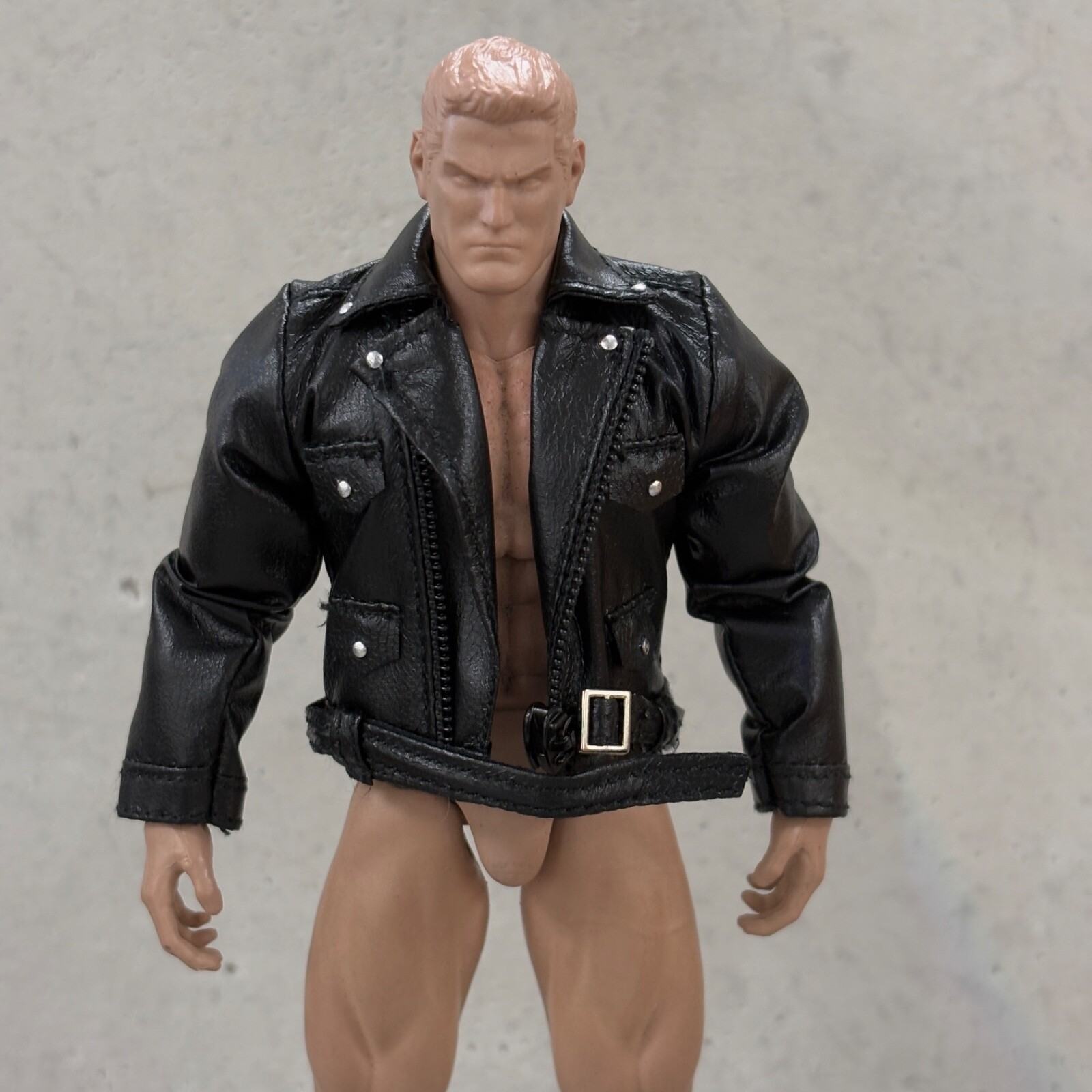 PB-LJK-L: 1/12 Black Biker Faux Leather Jacket for 6 inch muscular body
